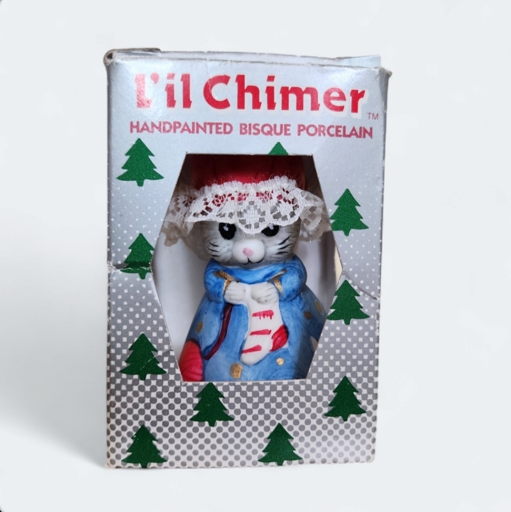 Vintage Jasco Lil Chimer Knitting Mouse Christmas Ornament Bell Bisque Porcelain - Picture 2 of 10